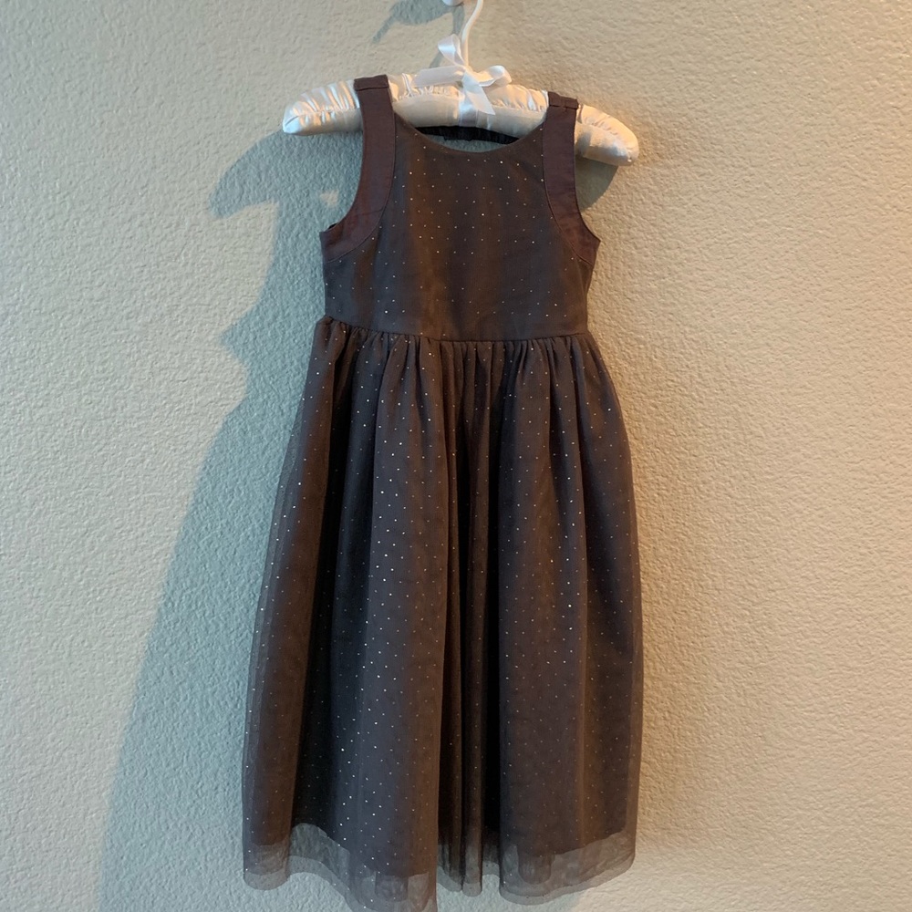 3T dark gray, gold-dotted dress.